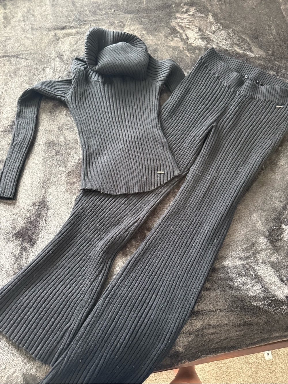 Savage X Fenty Black Ribbed Wide-Leg Pants and cowl neck sweater matching set